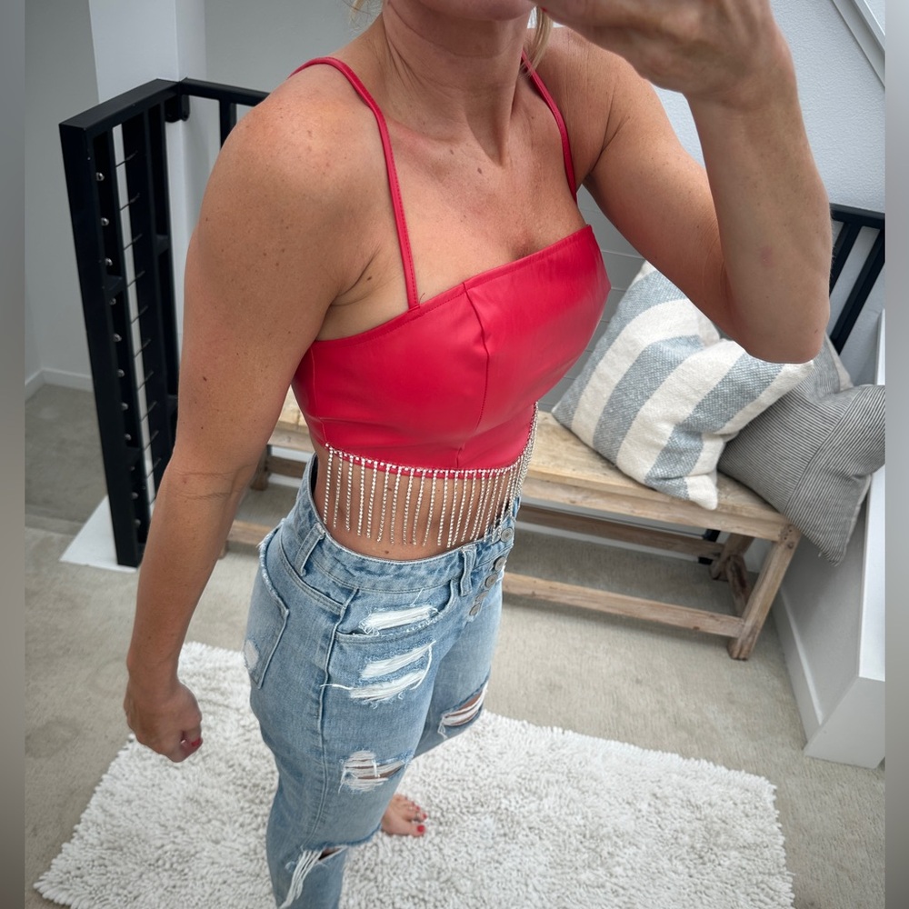 Trendy & Tipsy Red Rhinestone Fringe Crop Top Festival Going Out | NWT Size S - Picture 5 of 14